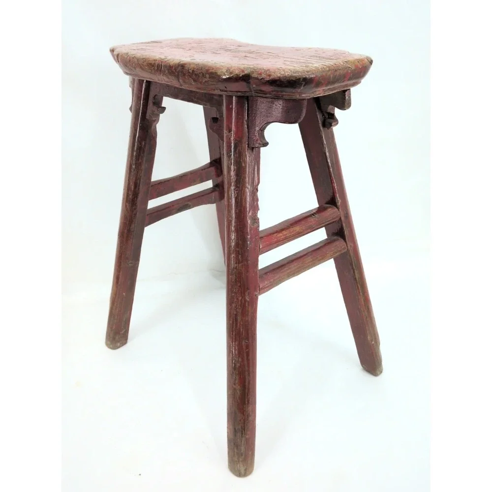 Antique Chinese Elm Red Painted Stool Chair Primitive 1900 Mortise Tenon Bench